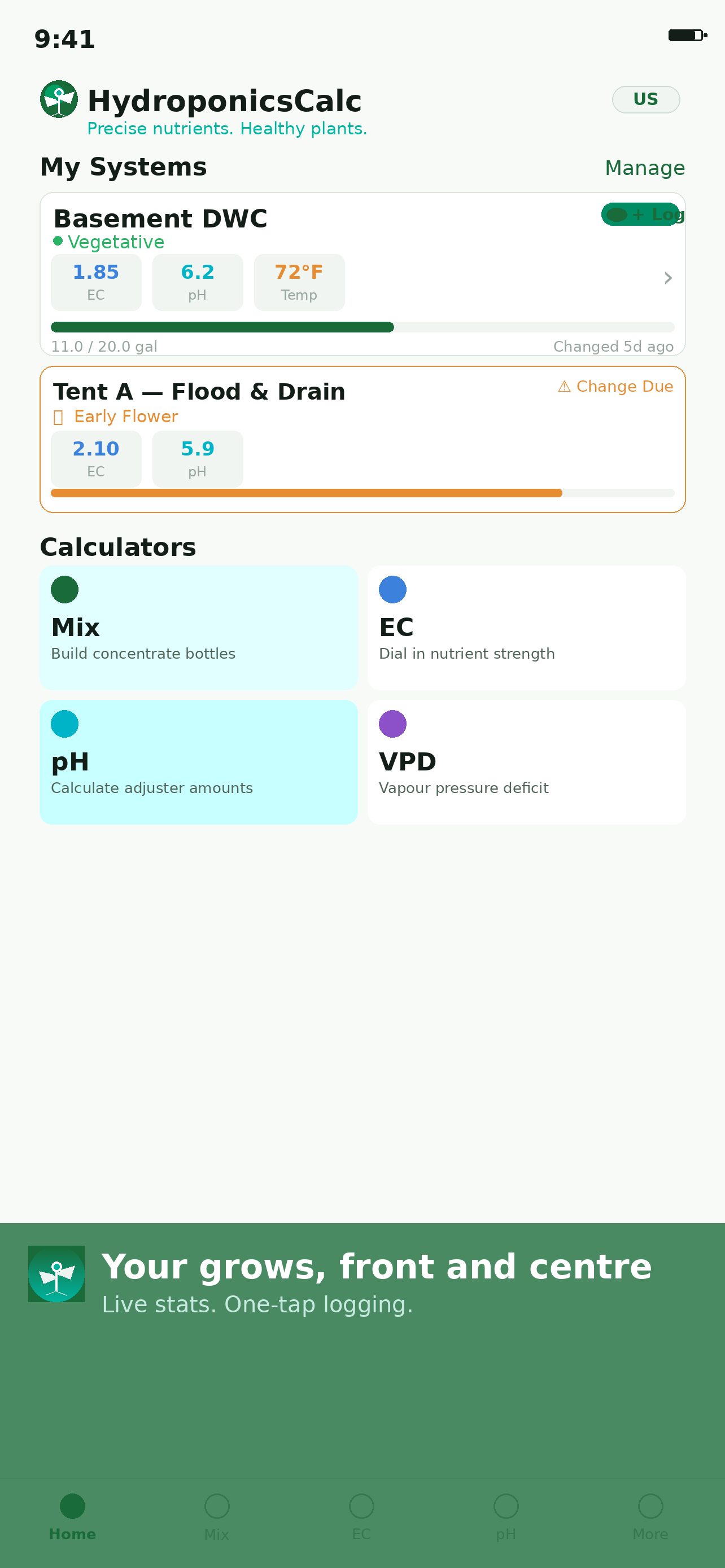 HydroponicsCalc home screen